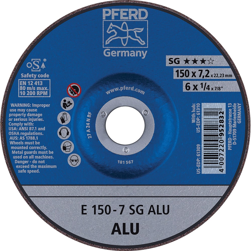 PFERD - Depressed-Center Wheels; Hole Size (Inch): 7/8 ; Connector Type: Arbor ; Wheel Type Number: Type 27 ; Abrasive Material: Aluminum Oxide/Silicon Carbide ; Maximum RPM: 10200.000 ; Bond Type: Resinoid - Exact Industrial Supply