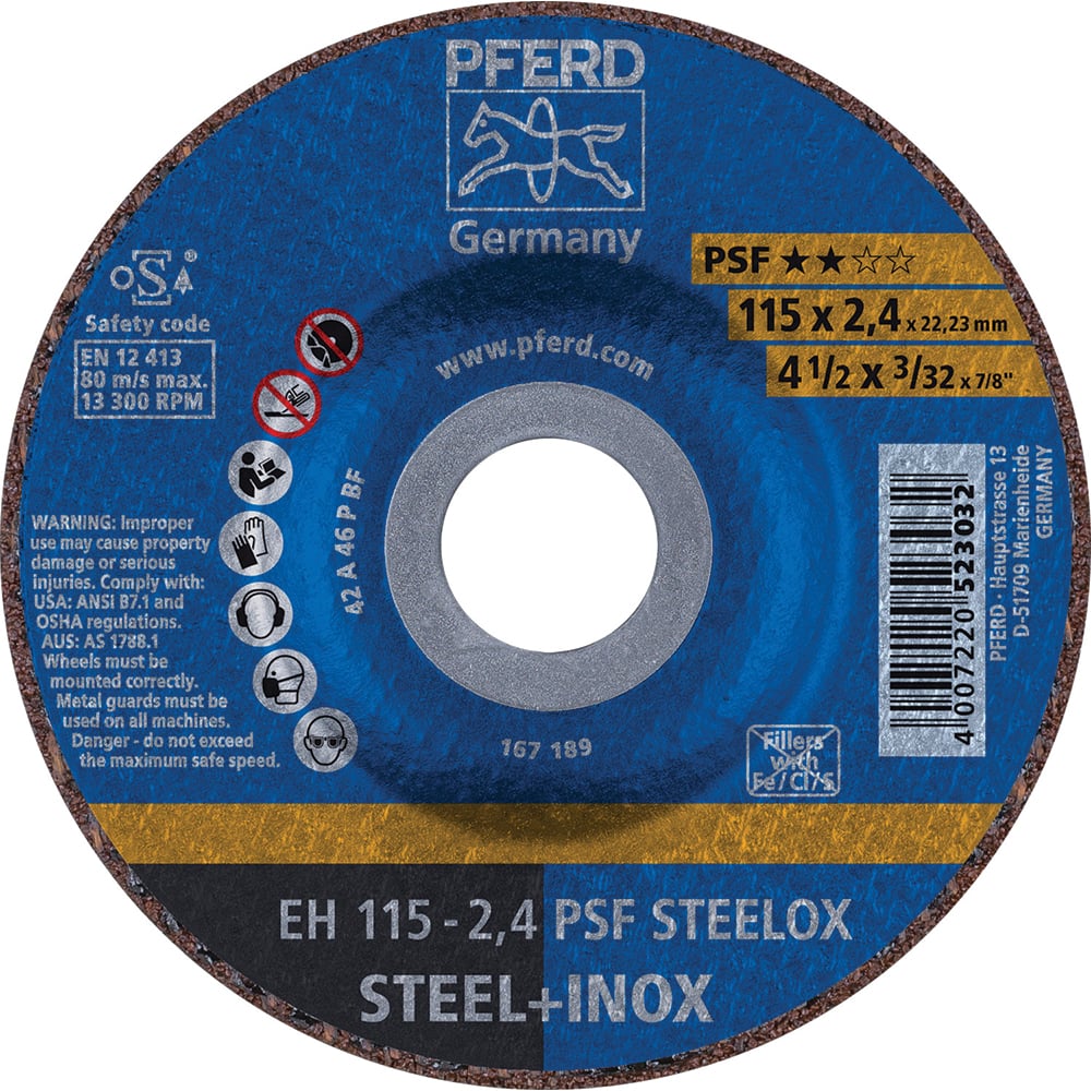 PFERD - Depressed-Center Wheels; Hole Size (Inch): 7/8 ; Connector Type: Arbor ; Wheel Type Number: Type 27 ; Abrasive Material: Aluminum Oxide ; Maximum RPM: 13300.000 ; Grit: 46 - Exact Industrial Supply