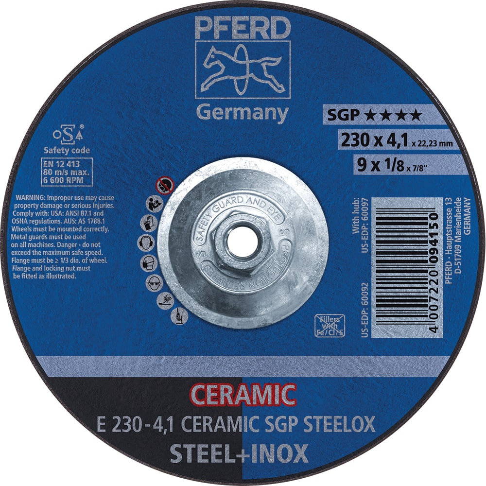 PFERD - Depressed-Center Wheels; Hole Thread Size: 5/8-11 ; Connector Type: Arbor ; Wheel Type Number: Type 27 ; Abrasive Material: Ceramic Oxide ; Maximum RPM: 6600.000 ; Grit: 24 - Exact Industrial Supply