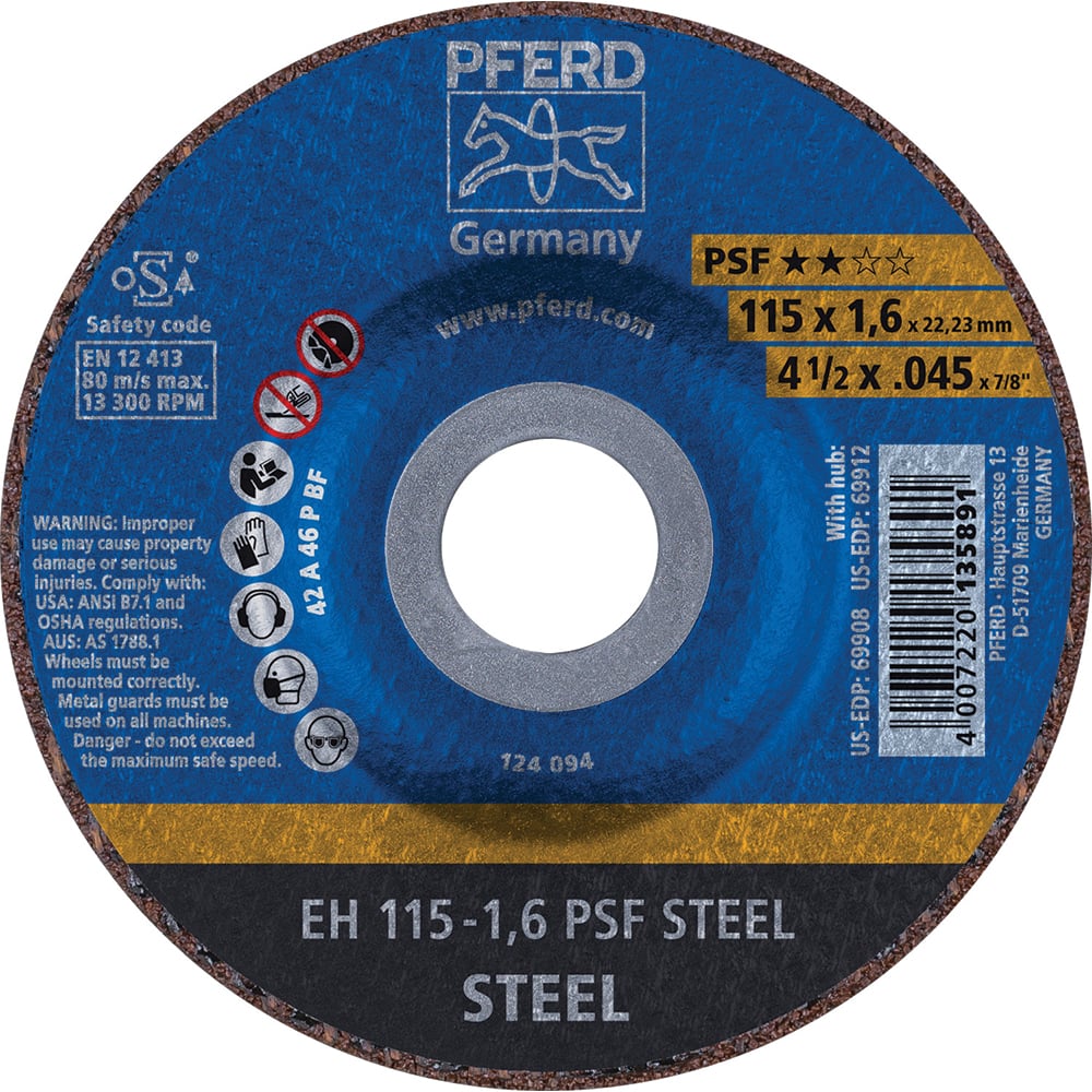 PFERD - Depressed-Center Wheels; Hole Size (Inch): 7/8 ; Connector Type: Arbor ; Wheel Type Number: Type 27 ; Abrasive Material: Aluminum Oxide ; Maximum RPM: 13300.000 ; Grit: 46 - Exact Industrial Supply