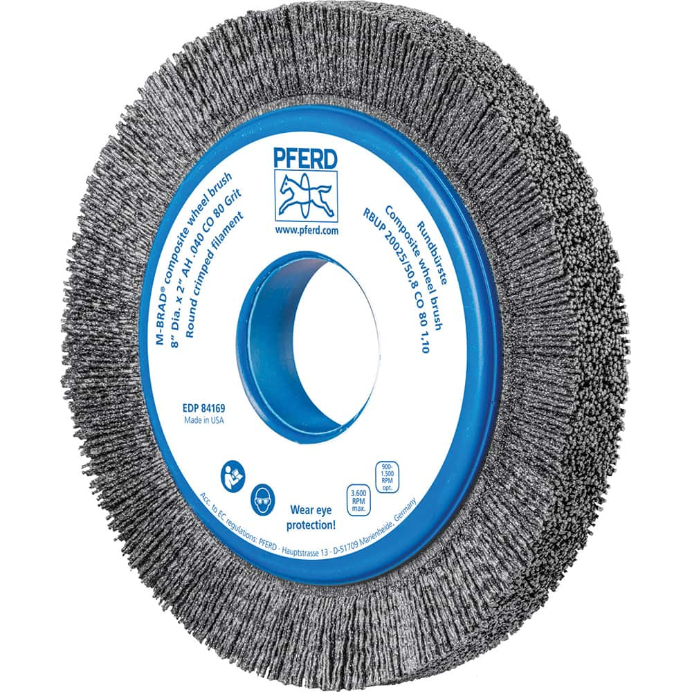 PFERD - Wheel Brushes; Outside Diameter (Inch): 8 ; Wire Type: Crimped; Round ; Fill Material: Nylon; Ceramic ; Trim Length (Inch): 1-1/4 ; Filament Wire Diameter Range: 0.0300 & Above ; Maximum RPM: 3600.000 - Exact Industrial Supply