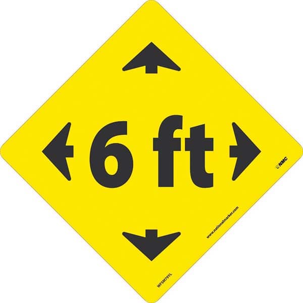 Adhesive Backed Floor Signs; Message Type: COVID-19; Graphic Type: Arrows; Message or Graphic: Message & Graphic; Legend: 6 Ft; Color: Yellow; Black; Special Color Properties: No Special Properties; Material: Vinyl; Shape: Rectangle; Square; Language: Eng