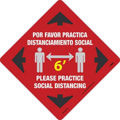 Adhesive Backed Floor Signs; Message Type: COVID-19; Graphic Type: Arrows; Message or Graphic: Message & Graphic; Legend: 6' Please Practice Social Distancing, Por Favor Practica Distanciamiento Social; Color: Red; White; Yellow; Black; Special Color Prop