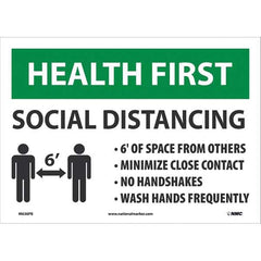 Sign: Rectangle & Square, ″Health First Social Distancing 6Ft 6' Of Space From Others Minimize Close Contact No Handshakes Wash Hands Frequently.″ Vinyl, 10″ High