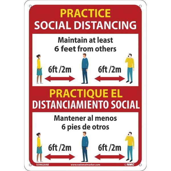 Sign: Rectangle & Square, ″Practice Social Distancing Maintain At Least 6 Feet From Others 6Ft/2M Practique El Distanciamiento Social Mantener Al Menos 6 Pies De Otros 6Ft/2M″ Aluminum, 14″ High