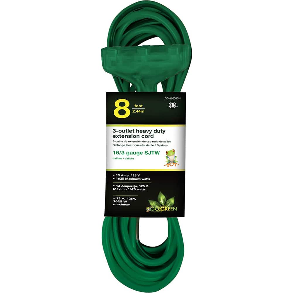 GoGreen Power - Power Cords; Cord Type: Extension Cord ; Overall Length (Feet): 8 ; Cord Color: Green ; Amperage: 13 ; Voltage: 125 ; Wire Gauge/Number of Conductors: 16/3 - Exact Industrial Supply