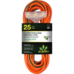 GoGreen Power - Power Cords; Cord Type: Extension Cord ; Overall Length (Feet): 25 ; Cord Color: Orange ; Amperage: 15 ; Voltage: 125 ; Wire Gauge/Number of Conductors: 14/3 - Exact Industrial Supply