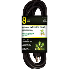 GoGreen Power - Power Cords; Cord Type: Extension Cord ; Overall Length (Feet): 8 ; Cord Color: Black ; Amperage: 13 ; Voltage: 125 ; Wire Gauge/Number of Conductors: 16/3 - Exact Industrial Supply