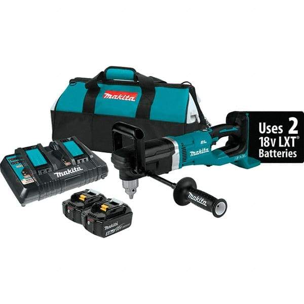 Makita - 36 Volt 1/2" Chuck Right Angle Handle Cordless Drill - 0-1400 RPM, Reversible, 2 Lithium-Ion Batteries Included - Strong Tooling