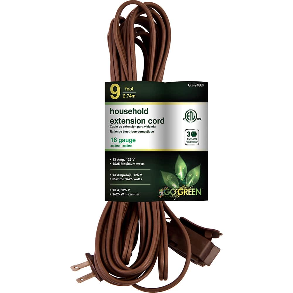 GoGreen Power - Power Cords; Cord Type: Replacement Cord ; Overall Length (Feet): 9 ; Cord Color: Brown ; Amperage: 13 ; Voltage: 125 ; Wire Gauge/Number of Conductors: 16/2 - Exact Industrial Supply