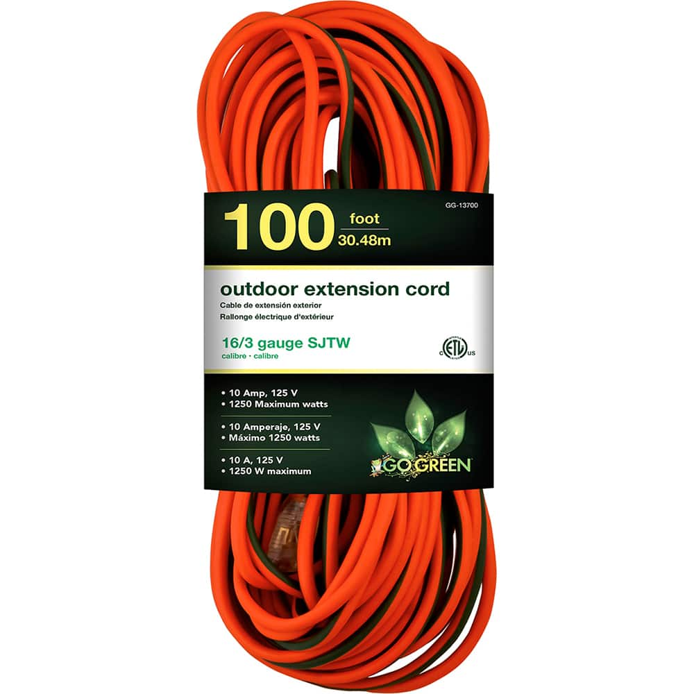 GoGreen Power - Power Cords; Cord Type: Extension Cord ; Overall Length (Feet): 100 ; Cord Color: Orange ; Amperage: 10 ; Voltage: 125 ; Wire Gauge/Number of Conductors: 16/3 - Exact Industrial Supply