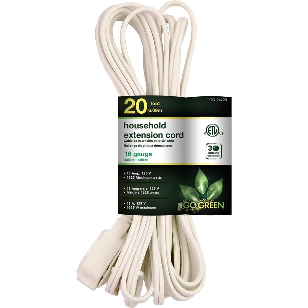 GoGreen Power - Power Cords; Cord Type: Replacement Cord ; Overall Length (Feet): 20 ; Cord Color: White ; Amperage: 13 ; Voltage: 125 ; Wire Gauge/Number of Conductors: 16/2 - Exact Industrial Supply