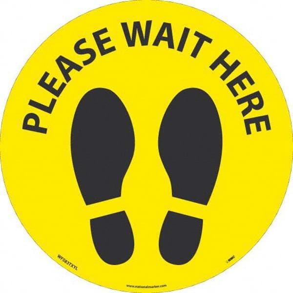 Please Wait Here Round, Black on Yellow, Use for Exit, Entrance & Directional