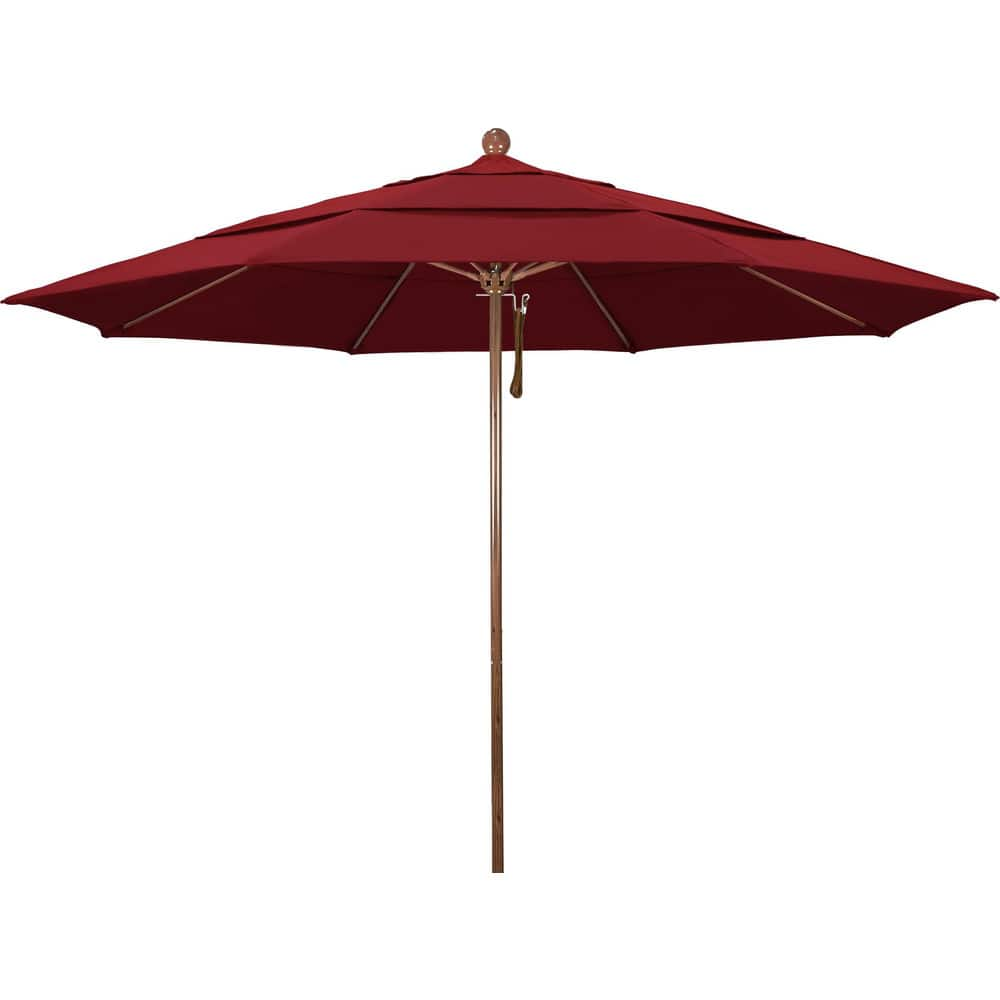 Patio Umbrellas; Diameter (Feet): 11; Height (Feet): 8.917; Fabric Color: Red; Base Included: No; Canopy Fabric: Olefin; Fade Resistant: Yes; Additional Information: Pulley Lift; Frame Material: Aluminum