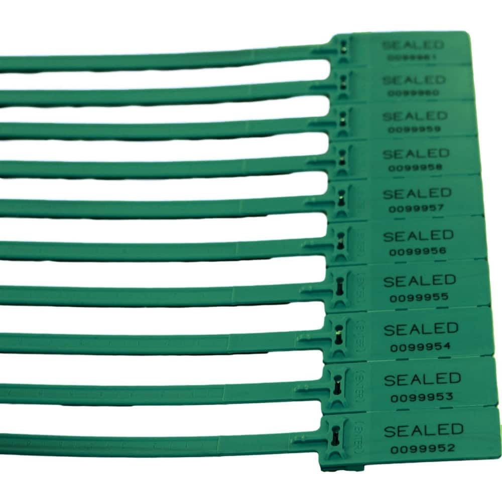 Security Seals; Type: Tamper-Evident Plastic Seal; Overall Length (Decimal Inch): 17.50; Operating Length: 15 in; Breaking Strength: 112.000; Material: Polypropylene; Color: Green; Color: Green; Overall Length: 17.50; Material: Polypropylene; Product Type