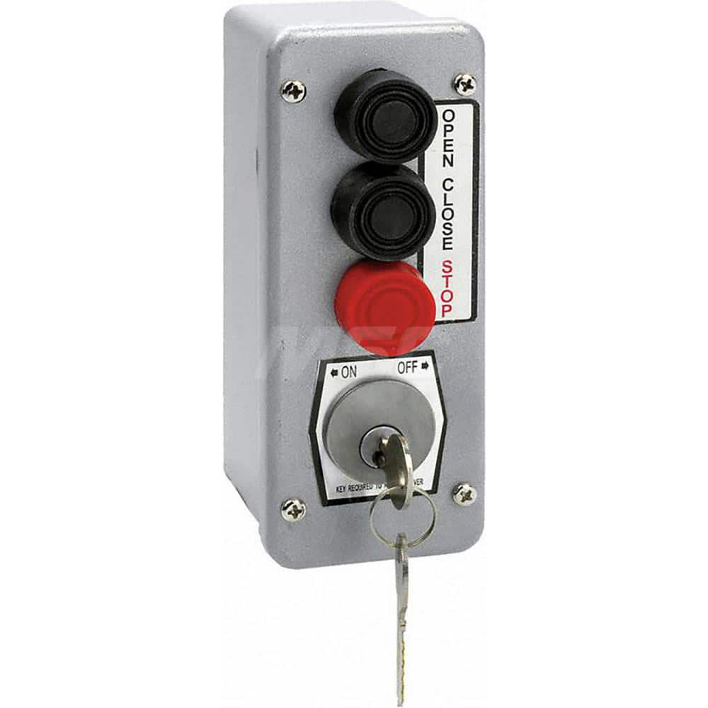 Garage Door Hardware; Type: Surface Mount Control Station; For Use With: Commercial Doors; Commercial Gate Openers; Material: Metal; Overall Length: 3.25; Overall Width: 3; Overall Height: 7; Number of Buttons: 3; Includes: Three Button Control with Morti