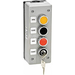 Garage Door Hardware; Type: Control Station with Lockout, Nema 4X, Surface Mount; For Use With: Commercial Doors; Commercial Gate Openers; Material: Plastic; Overall Length: 2.50; Overall Width: 3; Overall Height: 7; Number of Buttons: 3; Includes: 3 Butt