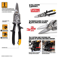 Snips: 12.2″ OAL, 1.6″ LOC, Carbon Steel Blades Straight, Triple-Injected-Plastic & Steel Handle