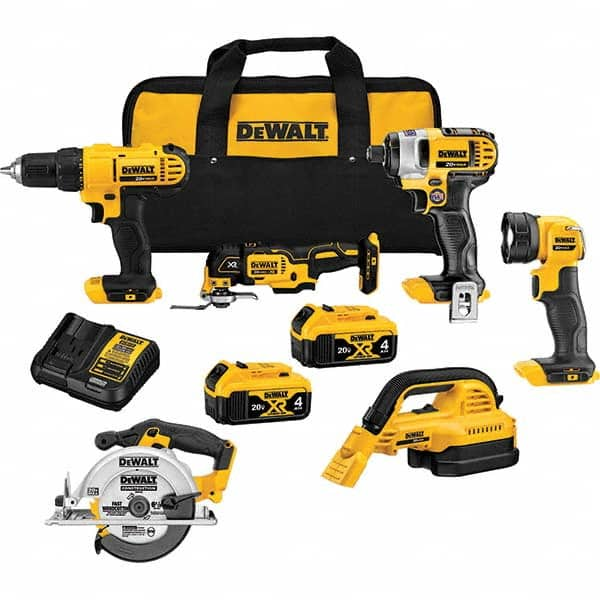 DeWALT - Cordless Tool Combination Kits Voltage: 20 Tools: 1/2" Drill/Driver; 1/4" Impact Driver; Wet-Dry Vacuum; Work Light; 6-1/2" Circular Saw; Oscillating Multi-Tool - Strong Tooling