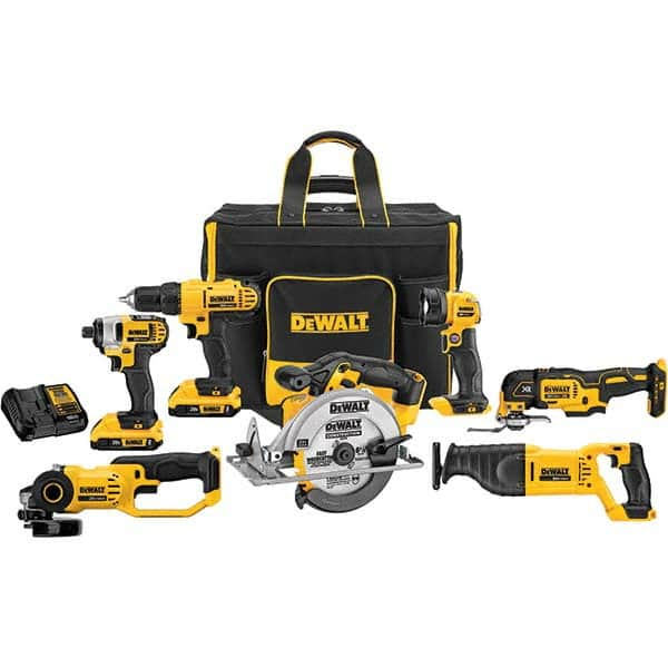 DeWALT - Cordless Tool Combination Kits Voltage: 20 Tools: 1/2" Drill/Driver; 1/4" Impact Driver; 6-1/2" Circular Saw; Work Light; Reciprocating Saw; Grinder; Blue Tooth Speaker - Strong Tooling