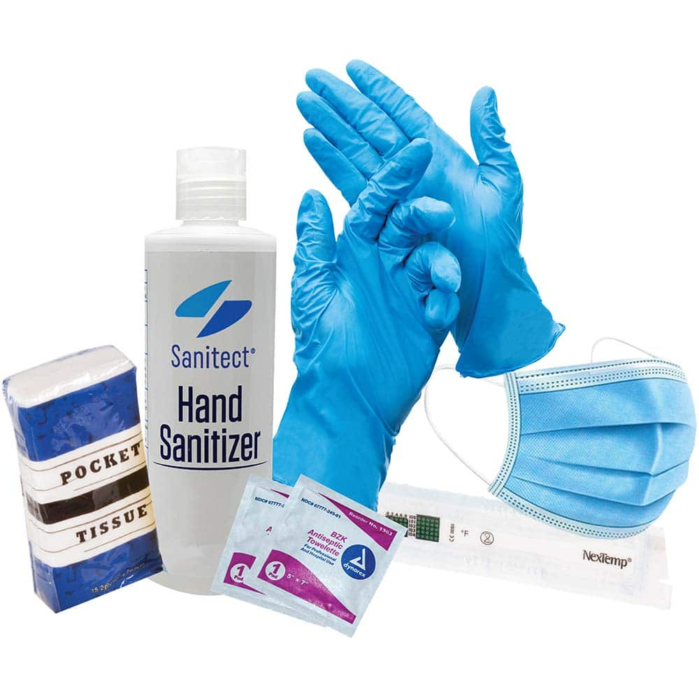 No Brand - Emergency Preparedness Kits Type: Back-to-Work Safety Kit Contents: (5) Ear Loop Masks; (5) Pair of Nitrile Gloves Size Large; Disposable Thermometer; Tissue Packet; 3.4oz Hand Sanitizer; (6) Antiseptic Towelettes - Strong Tooling