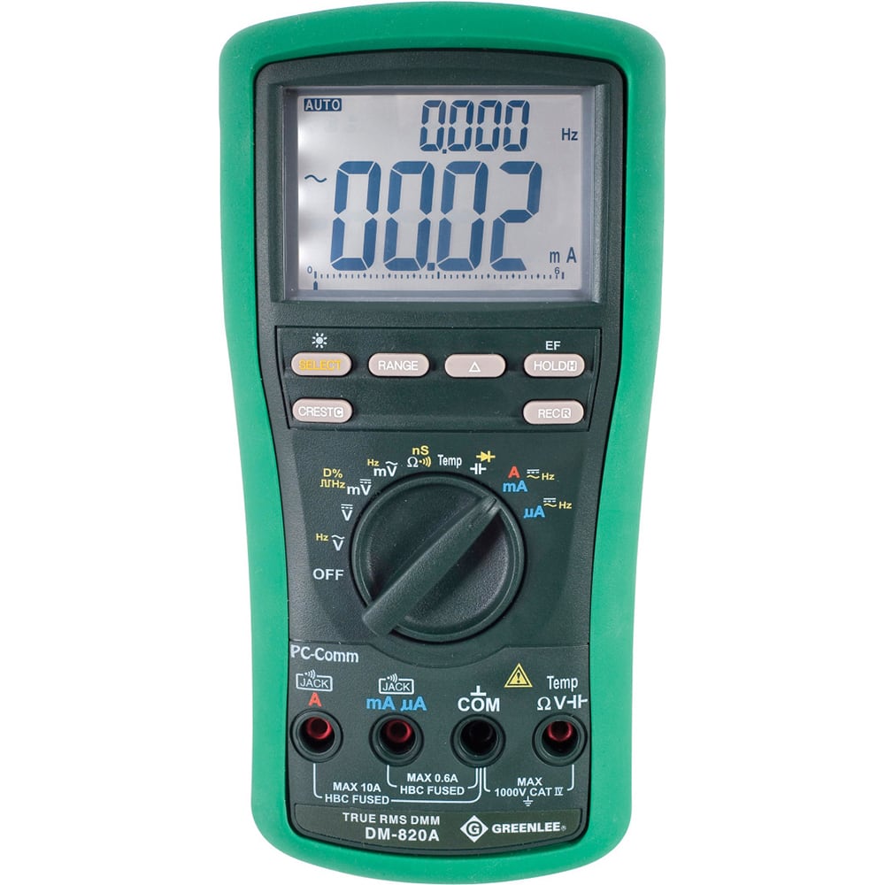 Greenlee - Multimeters; Multimeter Type: Digital ; Measures: Current; Resistance; Voltage; Capacitance; Frequency; Temperature; Continuity; Diode Test; Conductance ; CAT Rating: CAT IV ; Maximum AC Voltage: 1000 ; Maximum DC Voltage: 1000 ; Maximum AC Cu - Exact Industrial Supply