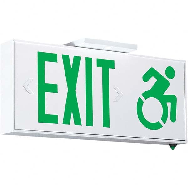 Illuminated Exit Signs; Number of Faces: 1; Light Technology: LED; Letter Color: Green; Mount Type: Surface Mount; Housing Material: Aluminum; Housing Color: White; Wattage: 7.7 W; Overall Length: 2 in; Overall Length (Decimal Inch): 2; Overall Width (Dec