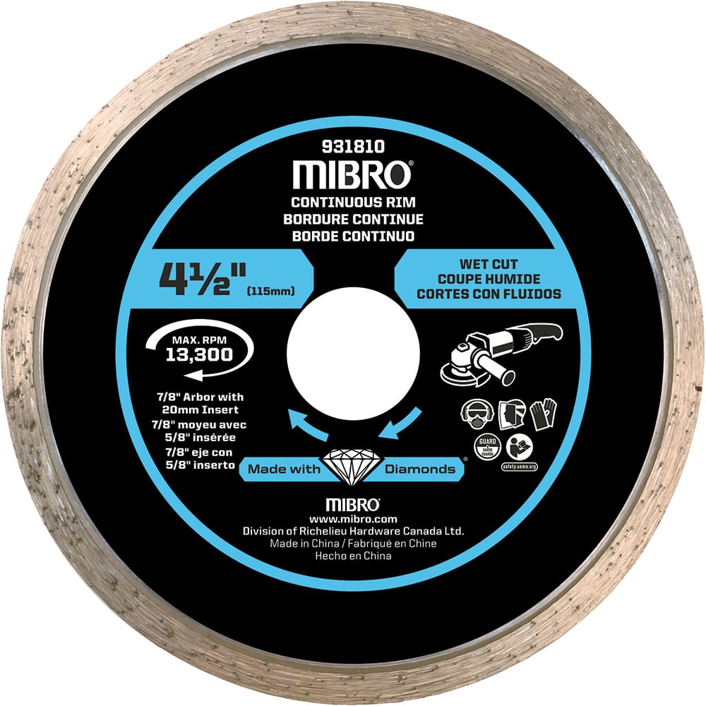 Mibro - Wet & Dry-Cut Saw Blades; Blade Diameter (Inch): 4-1/2 ; Blade Material: Diamond Matrix ; Arbor Style: Round w/ Diamond Knockout ; Arbor Hole Diameter (mm): 20.00 ; Application: Tile ; Number of Teeth: Continuous Edge - Exact Industrial Supply