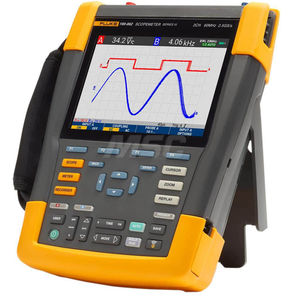 Oscilloscopes; Oscilloscope Type: Portable Oscilloscope; Bandwidth (MHz): 60; Number of Channels: 2; Display Type: LCD; Maximum Vertical Deflection (mV/div): 100; Minimum Vertical Deflection (mV/div): 2; Additional Information: Mfr Catalog Number: FLUKE-1