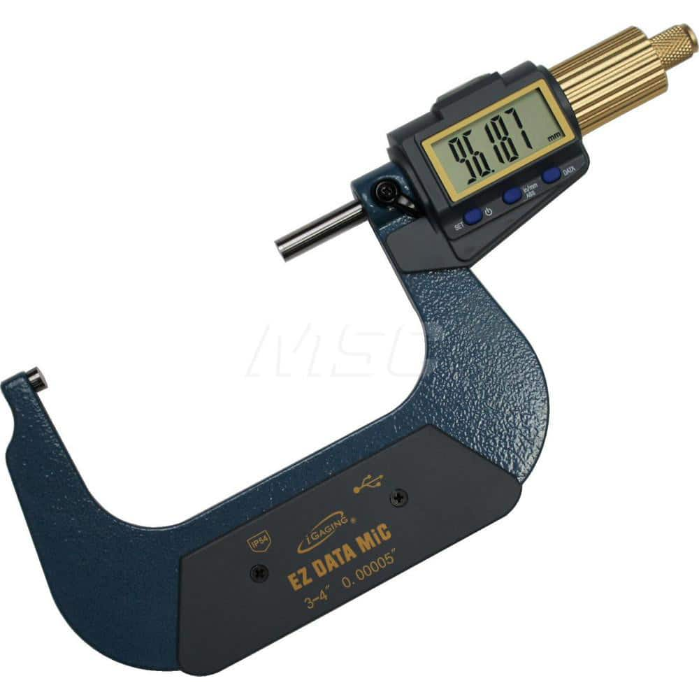 Electronic Outside Micrometer: 3 to 4″, Solid Carbide Measuring Face 0.00005″ Resolution, Ratchet Stop Thimble