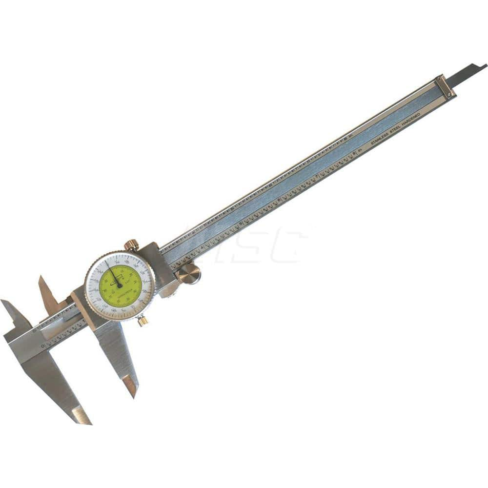 Dial Caliper: 8'' Range, 0.001'' Graduation, 0.1'' per Revolution 1.9'' Jaw Length, White Face, 0.005'' Accuracy