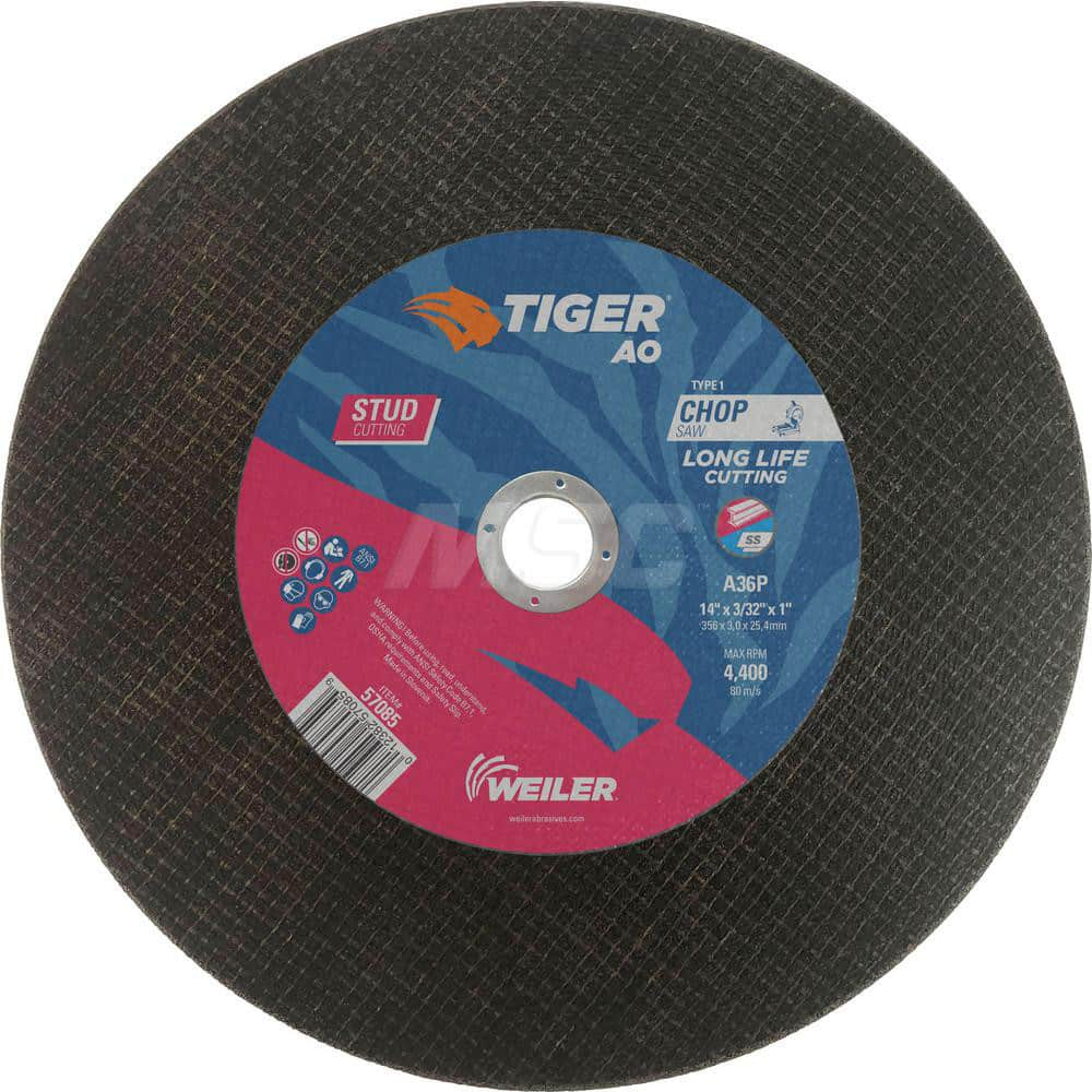 Cut-Off Wheel: Type 1, 14″ Dia, 3/32″ Thick, Aluminum Oxide Reinforced, 36 Grit, 4400 Max RPM, Use with Chop Saws