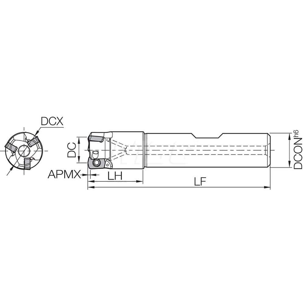 Indexable High-Feed End Mill: 12 mm Weldon Shank Uses 3 LPGT Inserts, 0.5 mm Max Depth, 65 mm OAL, Through Coolant