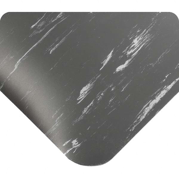 Anti-Fatigue Mat: 17' Length, 2' Wide, 1/2″ Thick, Vinyl, Beveled Edge, Medium-Duty Marbled, Charcoal, Dry