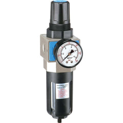 FRL Combination Unit: 3/8 NPT, Intermediate with Pressure Gauge 74.15 SCFM, 145 Max psi, Aluminum Bowl, Semi-Automatic Drain