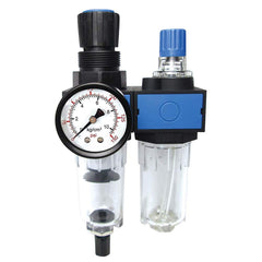 FRL Combination Unit: 1/8 NPT, Miniature with Pressure Gauge 58.26 SCFM, 145 Max psi, Polycarbonate Bowl, Semi-Automatic Drain