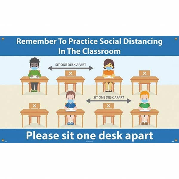 Banners; Message Type: Safety Reinforcement & Motivational; Legend: Remember To Practice Social Distancing In the Classroom; Graphic: Students w/Desks Spaced Apart; Material Type: Vinyl; Language: English; Length (Inch): 60 in; Height (Inch): 36; Number o