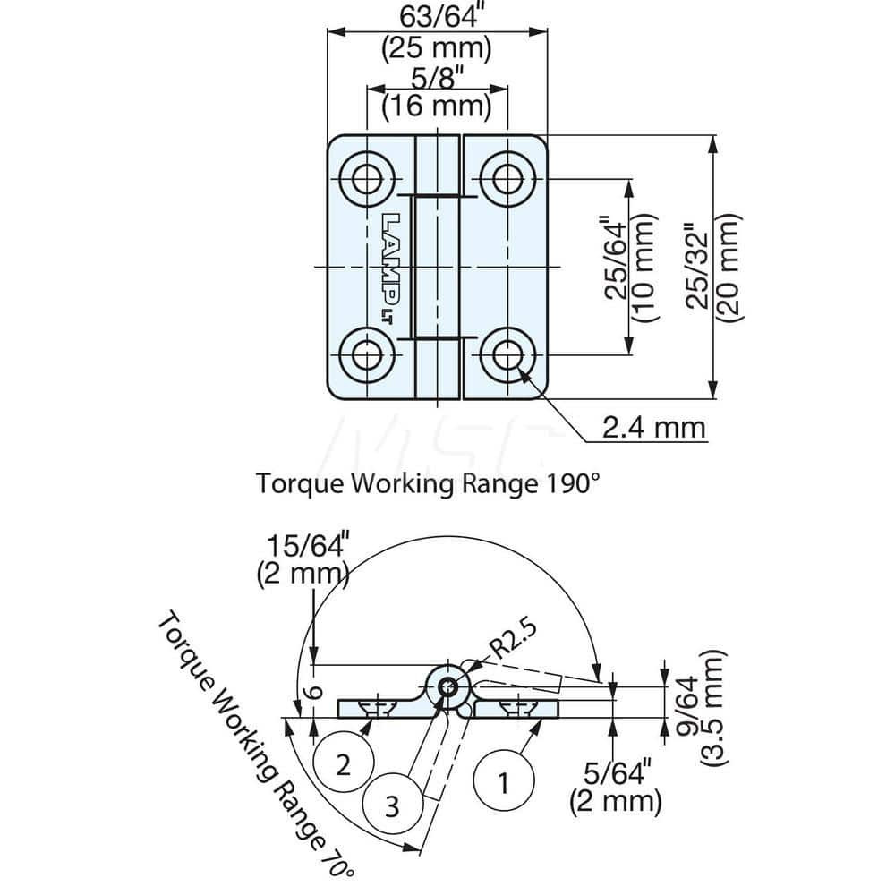 Compact Torque Hinge: 4 Mounting Holes Polyacetal, White Finish