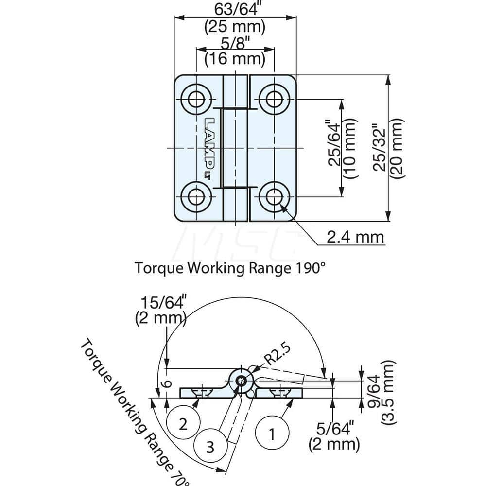 Compact Torque Hinge: 4 Mounting Holes Polyacetal, Black Finish