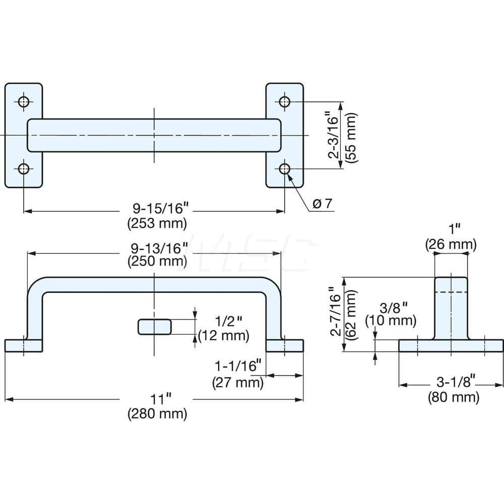 Drawer Pulls; Handle Diameter: 1.0613; Width (Decimal Inch): 11.4286; Width (mm): 280.00; Length (Inch): 11-1/64; Projection: 2.5; Center to Center: 9-31/32; Thread Size: 7; Finish/Coating: Mirror; Material Grade: 304; Additional Information: Thickness: 1