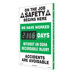 Safety First We Have Proudly Worked ___ Days without an OSHA Recordable Injury - On the Job Safety Begins with You!, 20 Inch Wide x 28 Inch High, Aluminum Sign - Rectangular, White on Green, 2 Inch Thick, Indoor or Outdoor, Wall Mount with Mounting Fasten