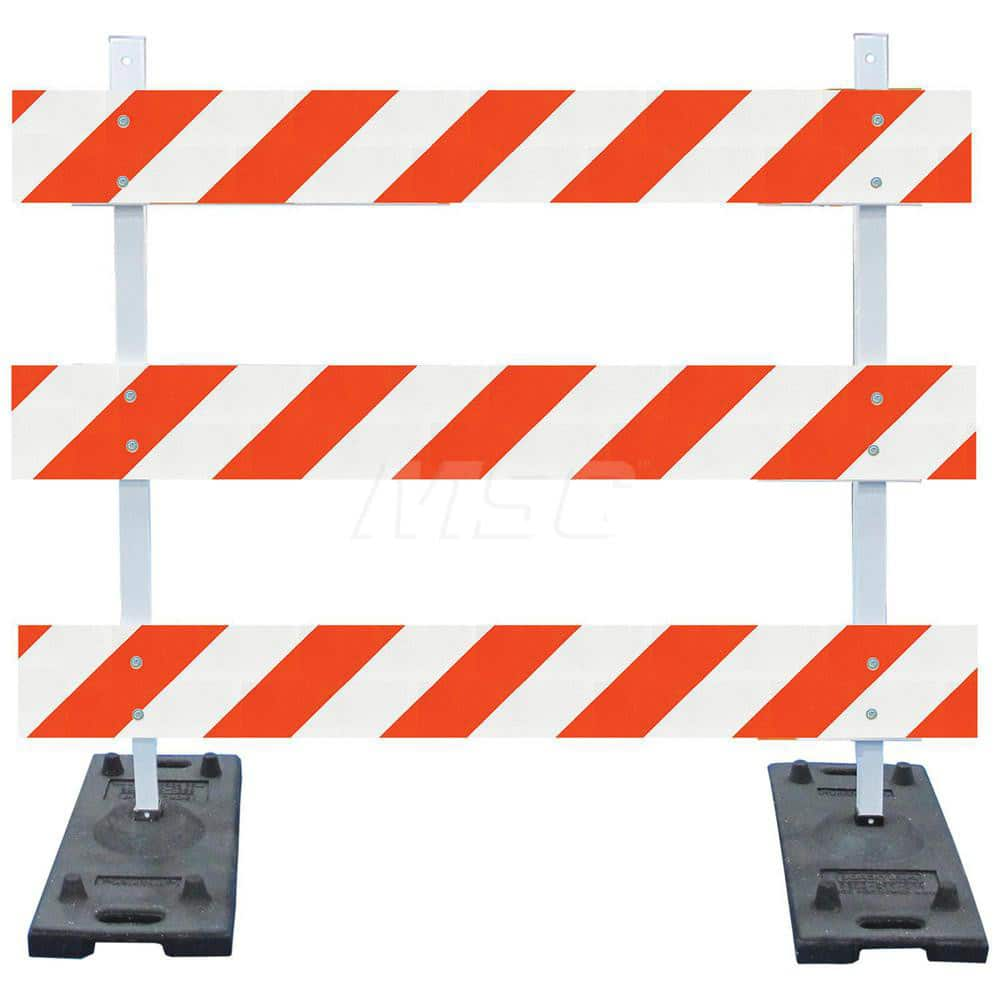 Traffic Barricades; Type: Type III; Barricade Height (Inch): 63; Material: Rubber Feet; Plastic Board; Polymer Plastic Upright; Barricade Width (Inch): 48; Reflective: Yes; Compliance: MASH Compliant; MUTCD; Weight (Lb.): 52.2500; Top Panel Height (Inch):