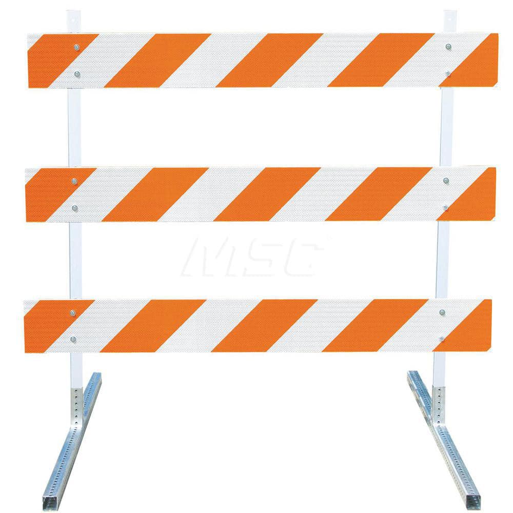 Traffic Barricades; Type: Type III; Barricade Height (Inch): 63; Material: Plastic Board; Polymer Plastic Upright; Galvanized High Carbon Steel Feet; Barricade Width (Inch): 72; Reflective: Yes; Compliance: MASH Compliant; MUTCD; Weight (Lb.): 19.0000; To