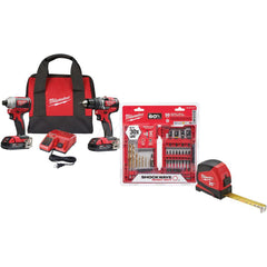 Cordless Tool Combination Kit: 18V Brushless Compact Drill/Driver & Brushless 1/4″Impact Driver,  Lithium-Ion Battery, 50PC Bit/Socket Impact Set, 25' Tape Measure