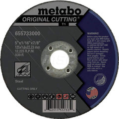 Cut-Off Wheel: Type 1, 5″ Dia, 7/8″ Hole, Aluminum Oxide 30 Grit, 12225 Max RPM