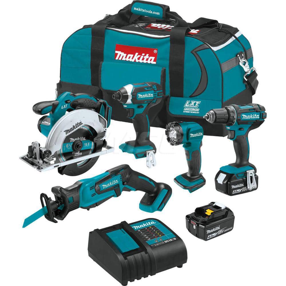 Cordless Tool Combination Kit: 18V 18V LXT 1/2″Driver-Drill (XFD10Z),  18V LXT Impact Driver (XDT11Z),  18V LXT 6-1/2″Circular Saw (XSS02Z),  18V LXT Compact Recipro Saw (XRJ01Z),  18V LXT L.E.D. Flashlight (DML815),  (2) 18V LXT Lithium-Ion 4.0Ah Battery