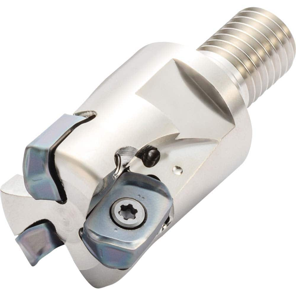 Indexable High-Feed End Mill: 1″ Cut Dia, 0.4921″ Modular Connection Shank Uses 3 LOMU Inserts, 0.0984″ Max Depth, 1.38″ OAL, Through Coolant