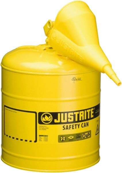 Justrite - 5 Gal Galvanized Steel Type I Safety Can - 16-7/8" High x 11-3/4" Diam, Yellow - Strong Tooling