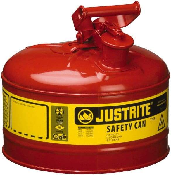 Justrite - 2.5 Gal Galvanized Steel Type I Safety Can - 11-1/2" High x 11-3/4" Diam, Red with Yellow - Strong Tooling