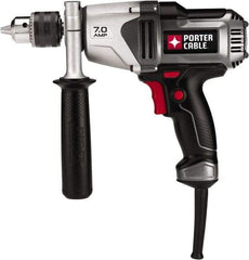 Porter-Cable - 1/2" Keyed Chuck, 800 RPM, Pistol Grip Handle Electric Drill - 7 Amps, 120 Volts, Reversible, Includes Side Handle & Chuck Key with Holder - Strong Tooling